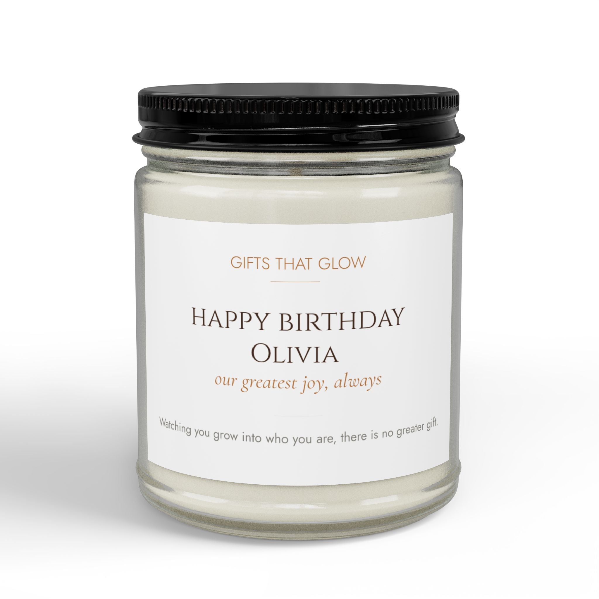 Personalized birthday candle for daughter — custom label with name and loving message on clear jar