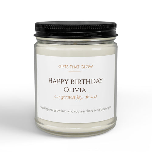 Personalized birthday candle for daughter — custom label with name and loving message on clear jar