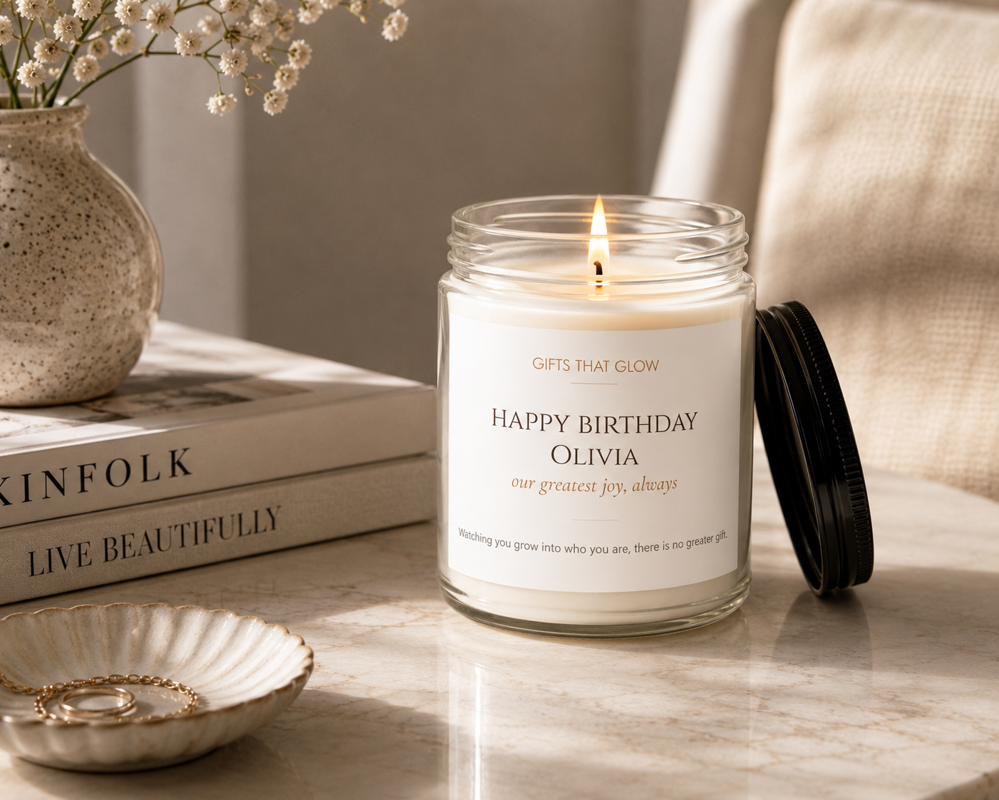Custom birthday candle for daughter styled — soy candle gift on warm surface