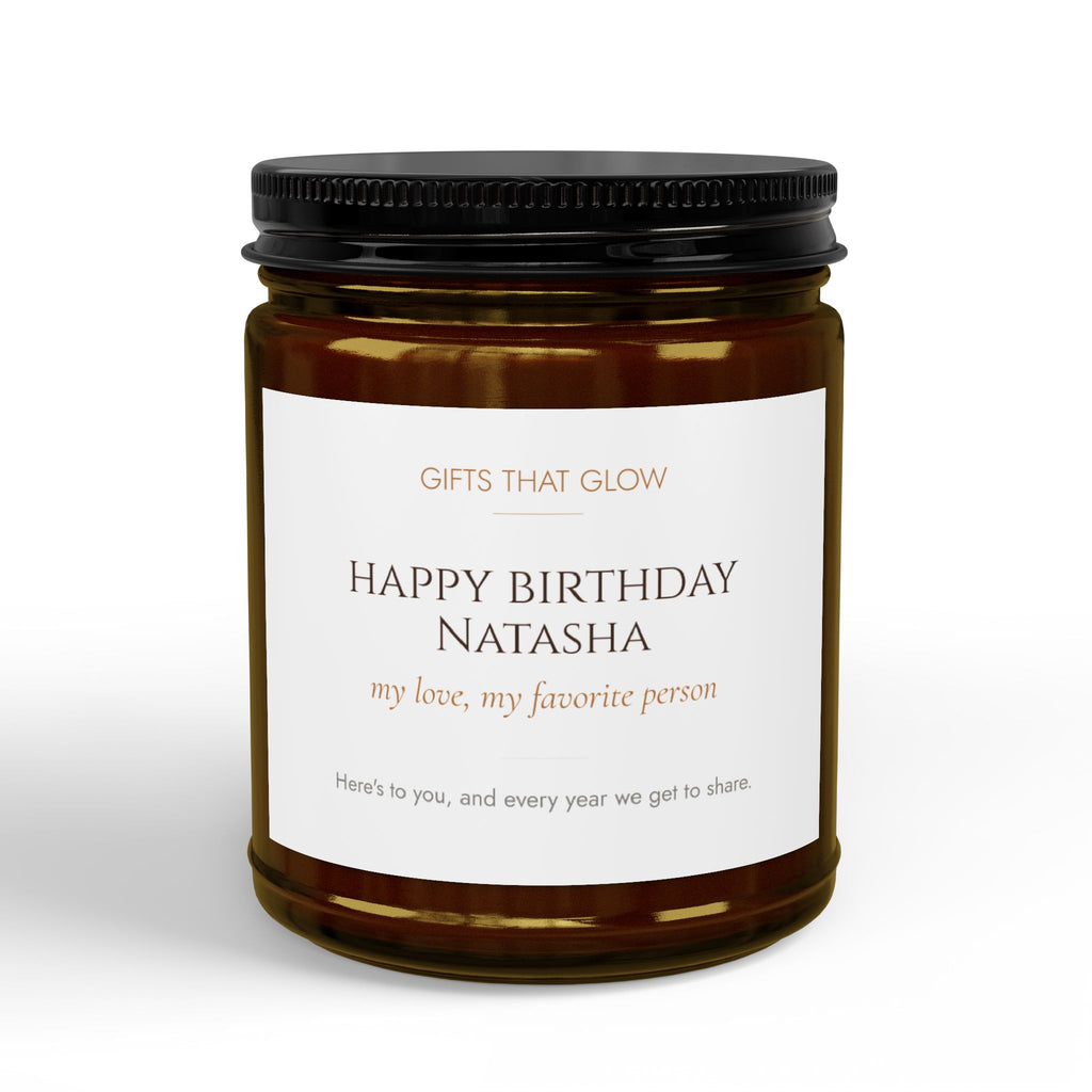 Personalized girlfriend or wife birthday candle — amber jar option with warm candlelight glow