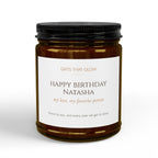 Personalized girlfriend or wife birthday candle — amber jar option with warm candlelight glow