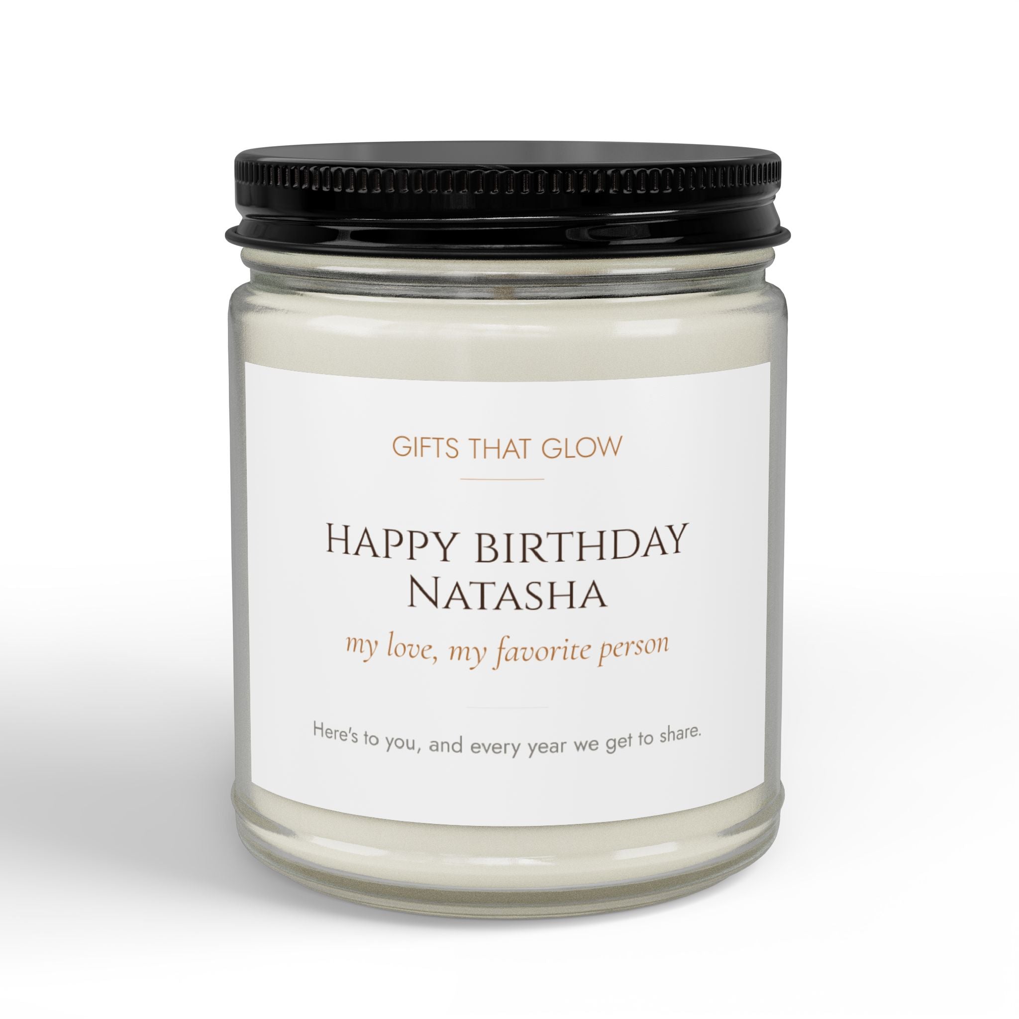 Personalized birthday candle for girlfriend or wife — custom label with name and loving message on clear jar