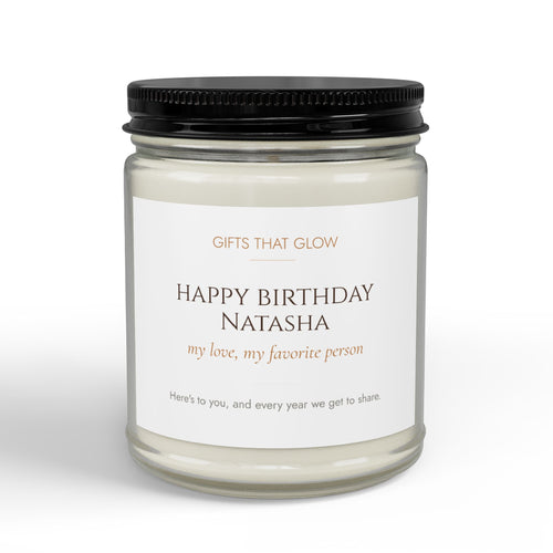 Personalized birthday candle for girlfriend or wife — custom label with name and loving message on clear jar