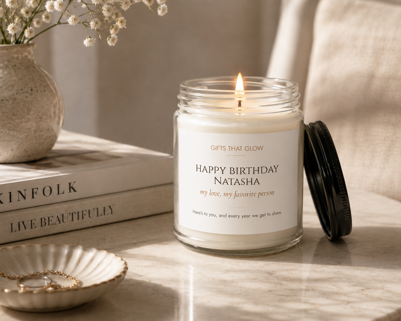 Custom birthday candle for girlfriend or wife styled — soy candle gift on warm surface