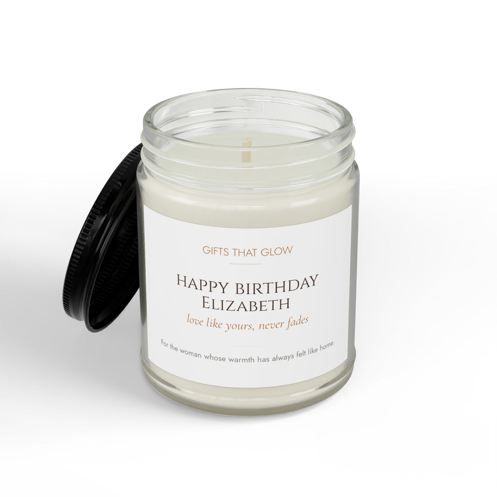 Grandma birthday candle label close-up — personalized name and message in warm copper serif typography