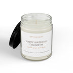 Grandma birthday candle label close-up — personalized name and message in warm copper serif typography