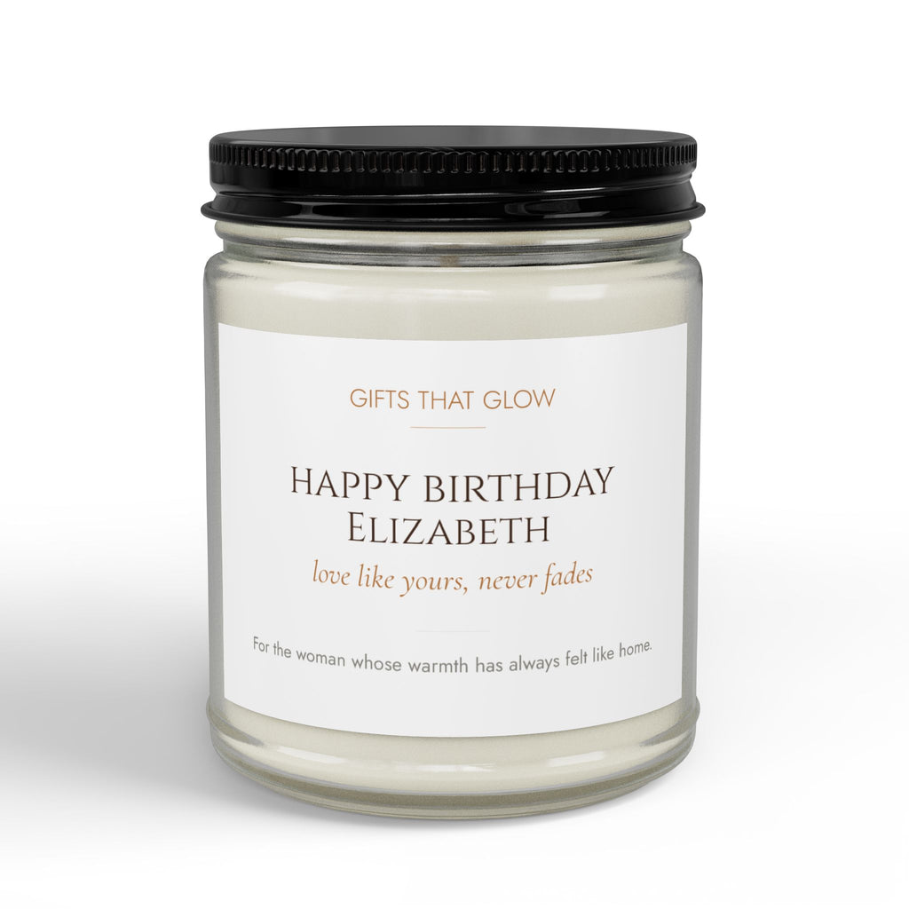 Personalized birthday candle for grandma — custom label with name and loving message on clear jar
