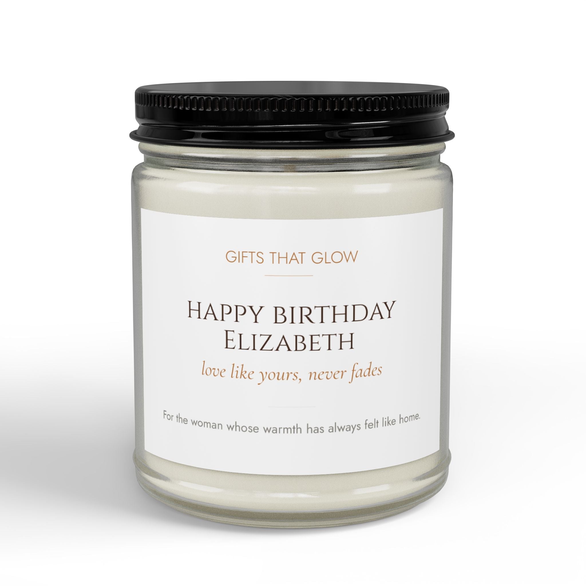 Personalized birthday candle for grandma — custom label with name and loving message on clear jar