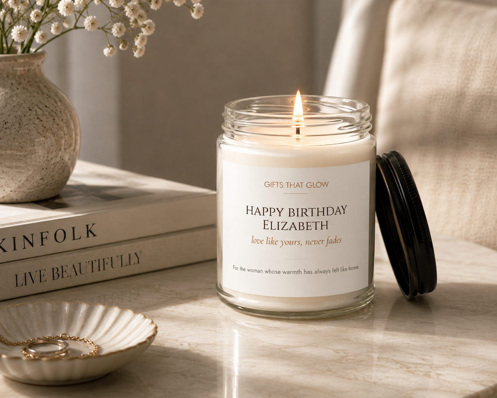 Custom birthday candle for grandma styled — soy candle gift on warm surface