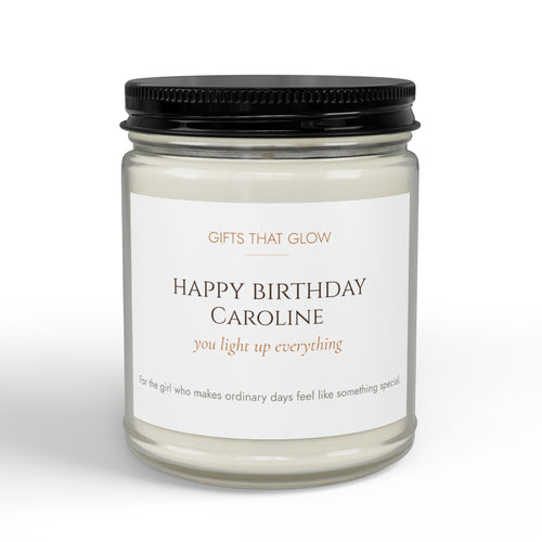 Personalized birthday candle for her — custom label with name and loving message on clear jar
