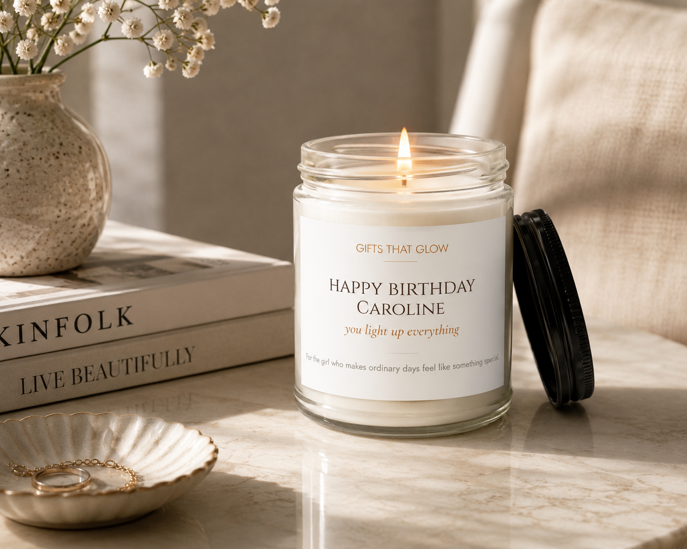 Custom birthday candle for her styled — soy candle gift on warm surface