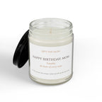 Mom birthday candle label close-up — personalized name and message in warm copper serif typography