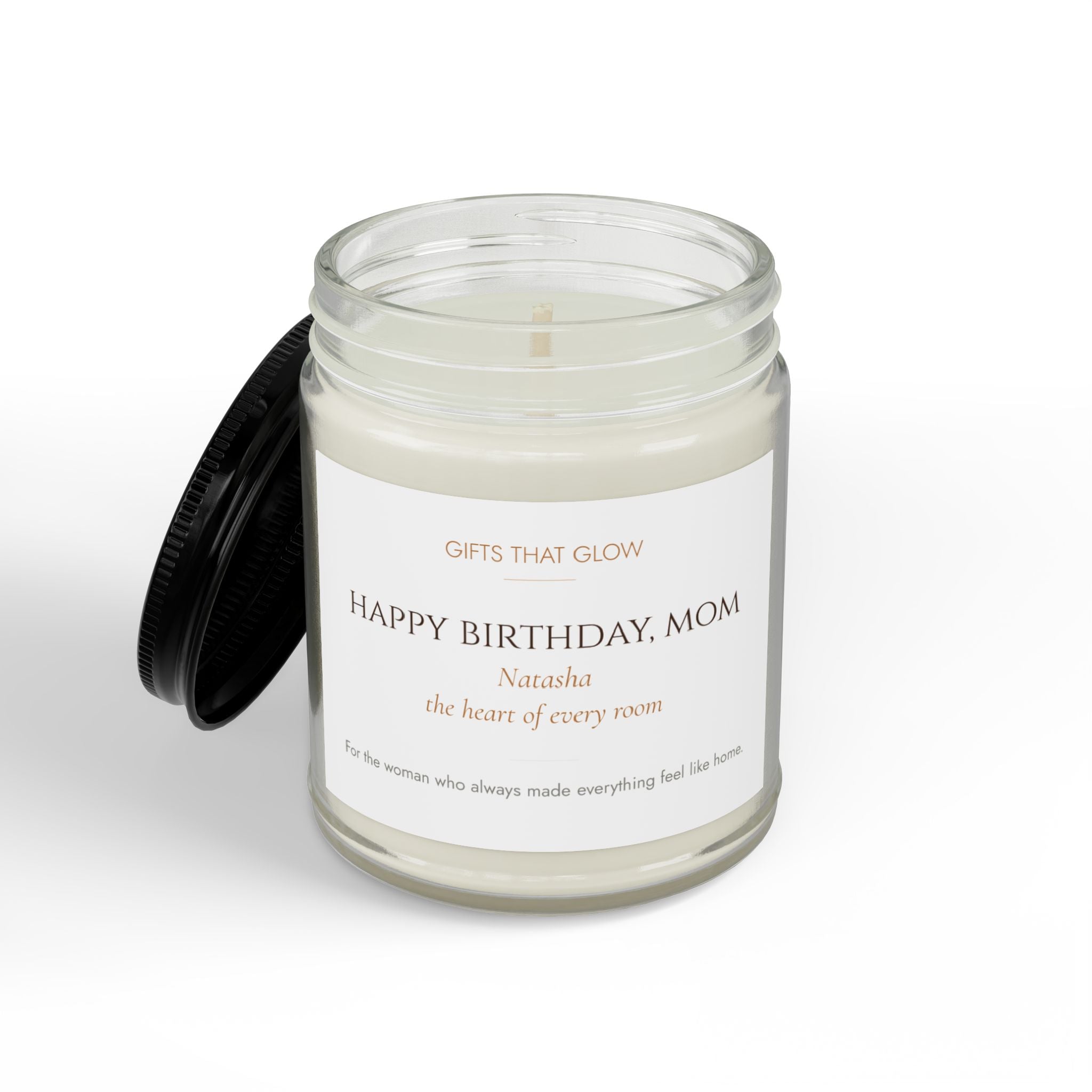 Mom birthday candle label close-up — personalized name and message in warm copper serif typography
