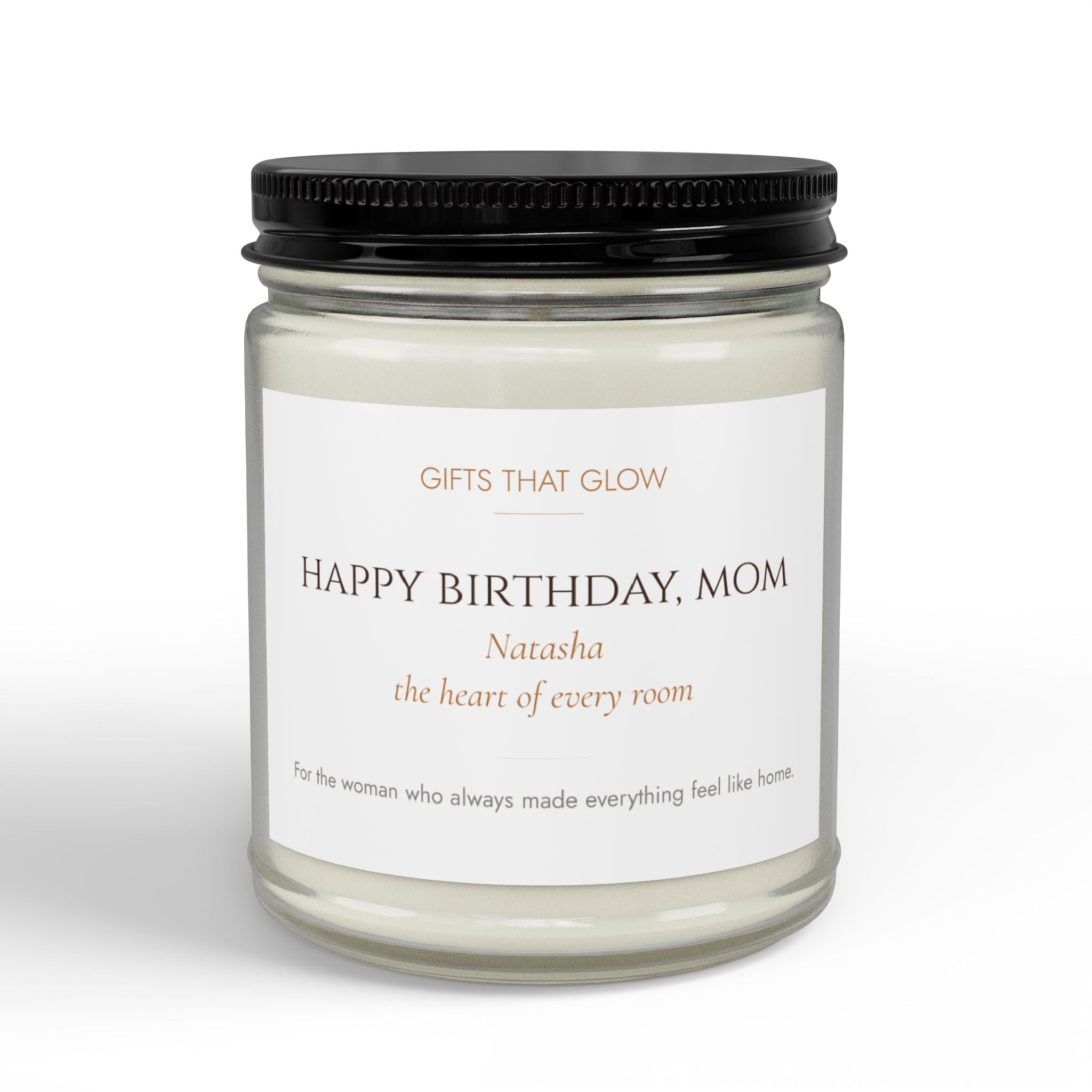 Personalized birthday candle for mom — custom label with name and loving message on clear jar
