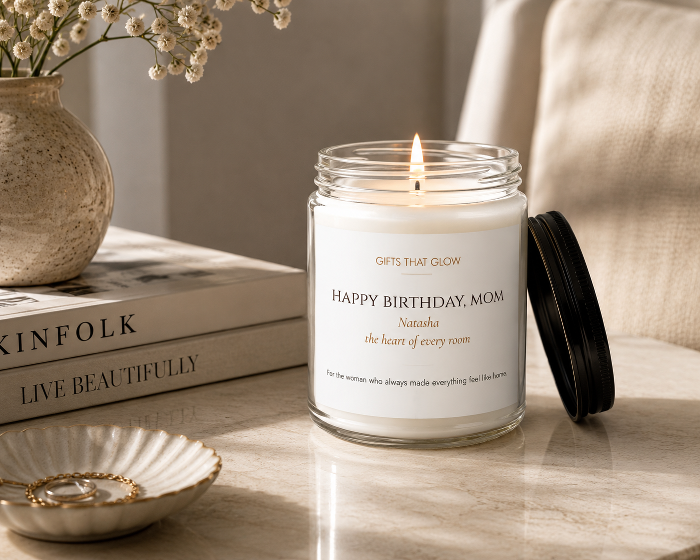 Custom birthday candle for mom styled — soy candle gift on warm surface