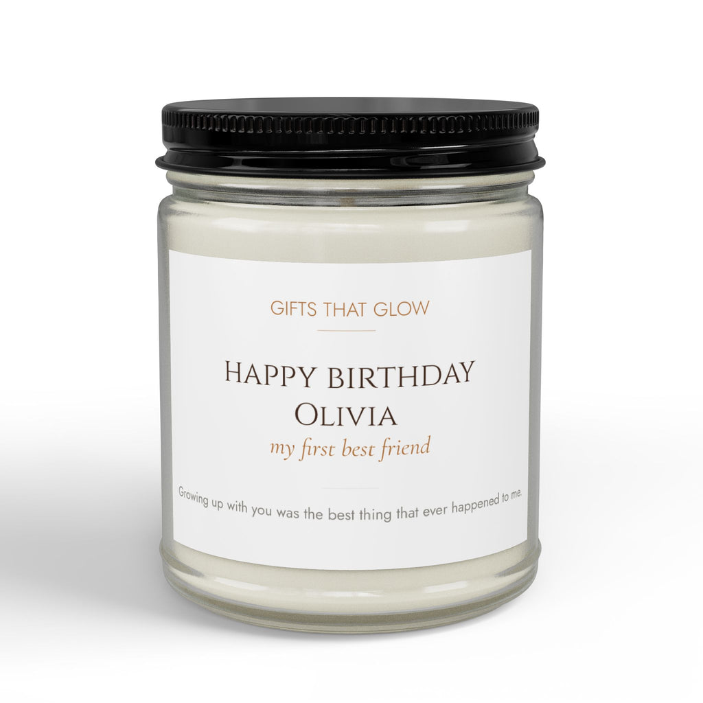 Personalized birthday candle for sister — custom label with name and loving message on clear jar