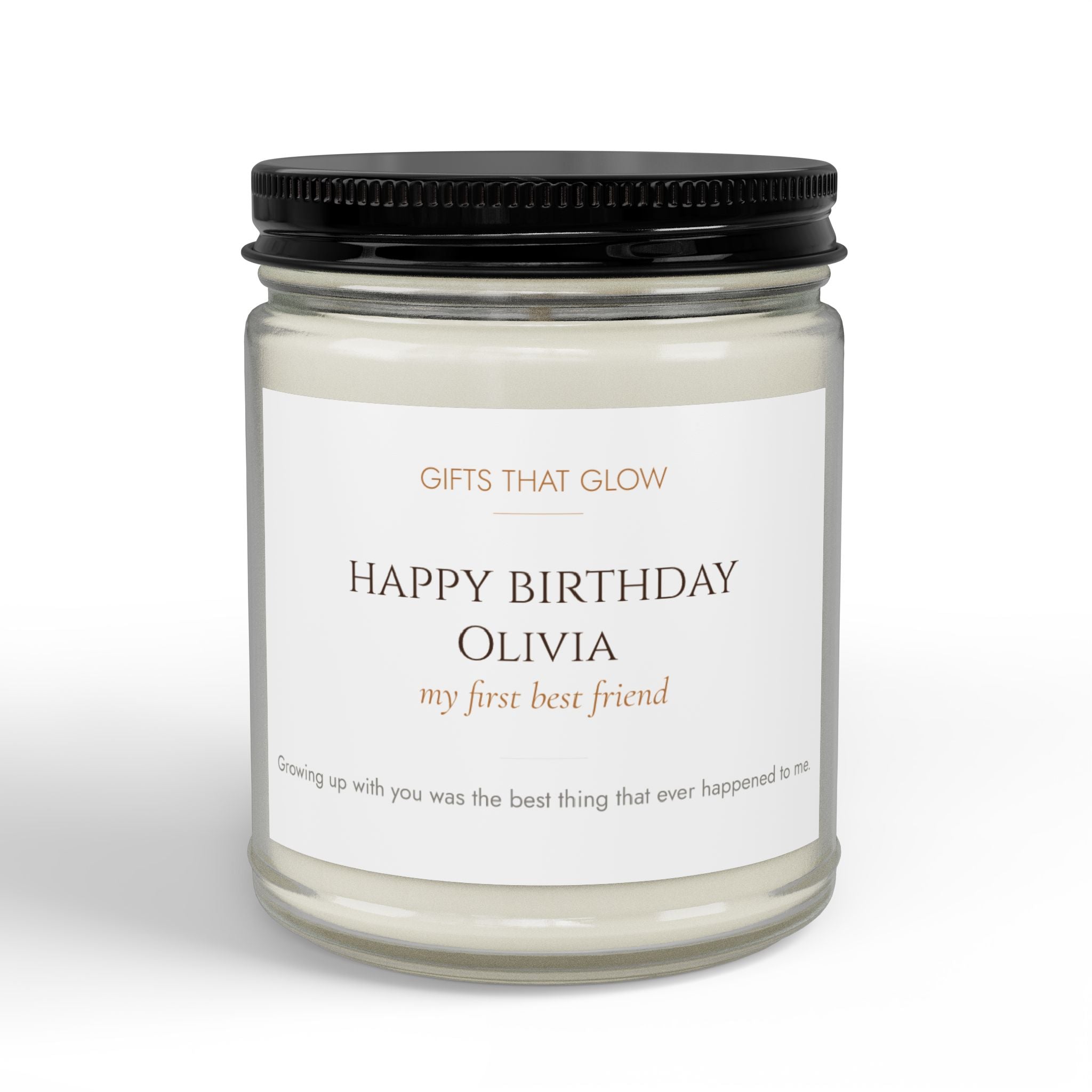 Personalized birthday candle for sister — custom label with name and loving message on clear jar