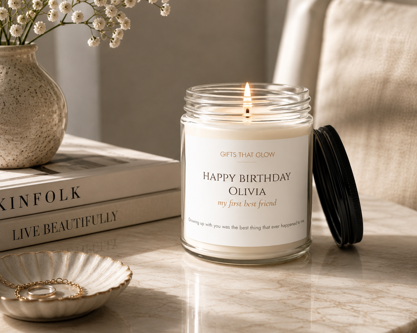 Custom birthday candle for sister styled — soy candle gift on warm surface
